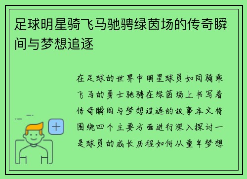 足球明星骑飞马驰骋绿茵场的传奇瞬间与梦想追逐